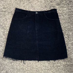 Navy Blue Corduroy Midi Skirt with Frayed Hem